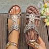 2025 Summer Flat Bottom Large Size Bohemian Rhinestone Flowers Elastic Fish Mouth Sandals Women 2025