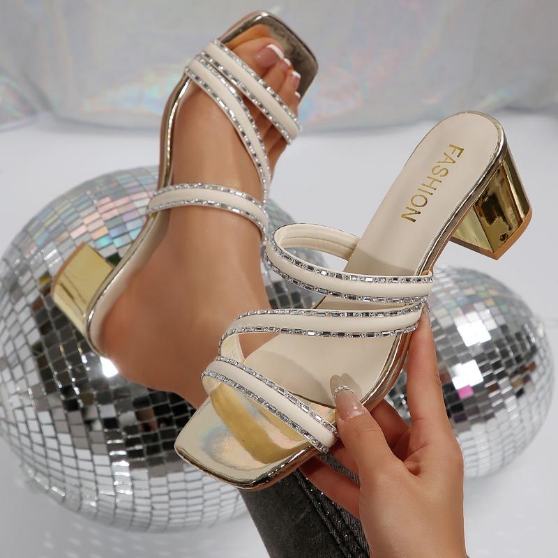 Fashion Women's Sandals Rhinestones Decoration Square Toe Square Heel Fashion Mid Heel Shoes Slide Slipper Summer