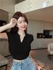 Summer New POLO Neck Short Sleeve Slim Skinny V-Neck Short Knitted T-Shirt Pink Top Women's Clothing