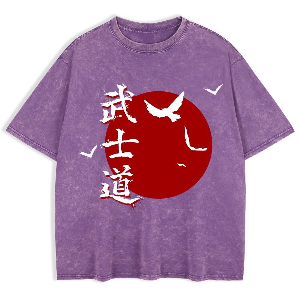 Japan Bushido Harajuku Printed Washed T-Shirts Mens Cotton Short Sleeve Tops Street O-Neck Oversize T Shirts Clothes