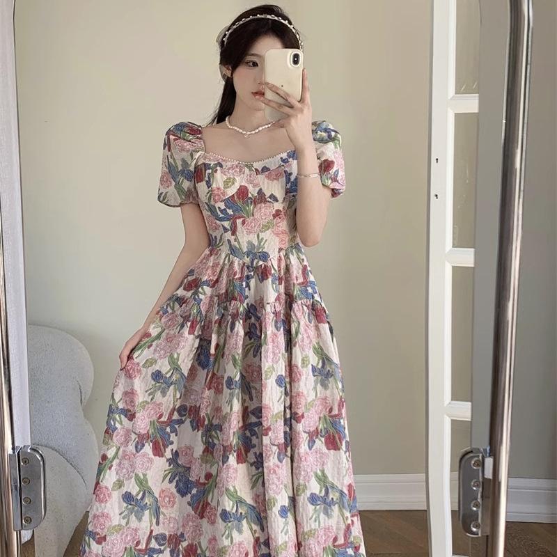 Design Sense Large Size French Romantic Floral Square Neck Dress New Women's Summer Fat Mm Belly Covering and Thin Dress
