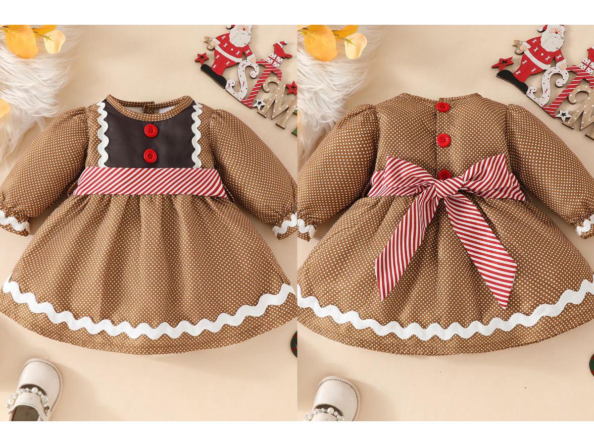 

Рождественское платье А-силуэта с длинными рукавами и поясом для девочек с изображением пряничного человечка 4-5 Years