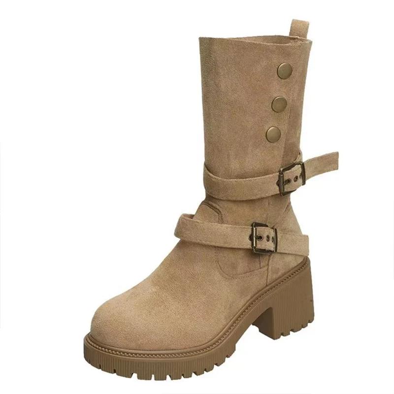 Wildleder Klobige Damen High Boots Designer Schnalle Mittelhohe Absätze Schuhe 2025 Trend Winter Pumps Goth Mid Calf Motorrad Botas De Mujer