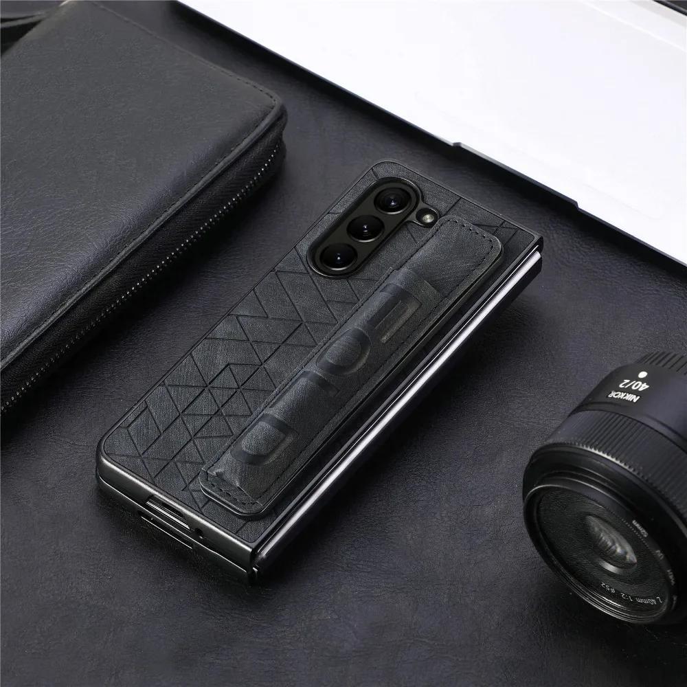 PU Leather Wrist Strap Cover for Samsung Galaxy Z Fold 6 5 4 3 5G Hard Phone Case with S Pen Holder & Finger Grip(no Pen)
