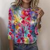 Round Neck 3D Flower Printed Top Casual Long Sleeved Women's T-shirts - Soft Medium Stretch Polyester Fabric Spring and Autumn Relaxed Fit Clothing