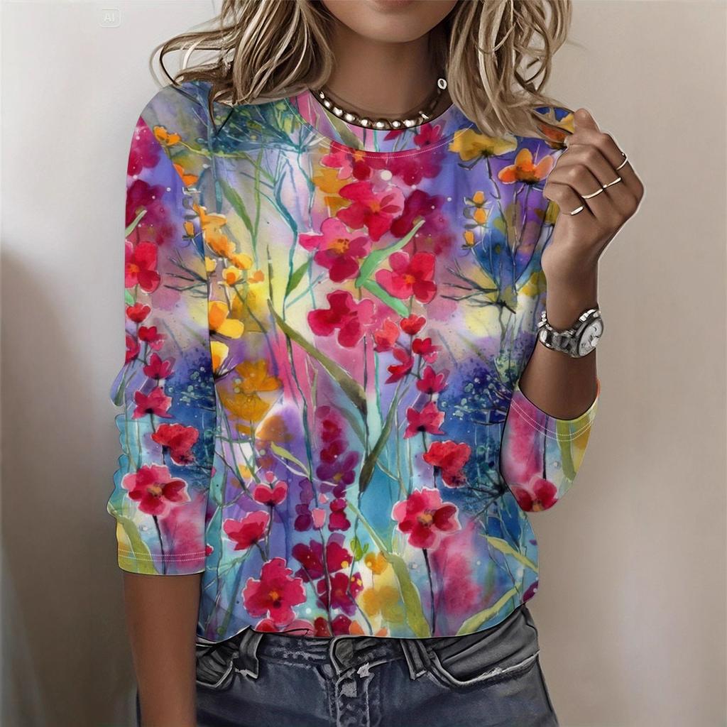 Round Neck 3D Flower Printed Top Casual Long Sleeved Women's T-shirts - Soft Medium Stretch Polyester Fabric Spring and Autumn Relaxed Fit Clothing