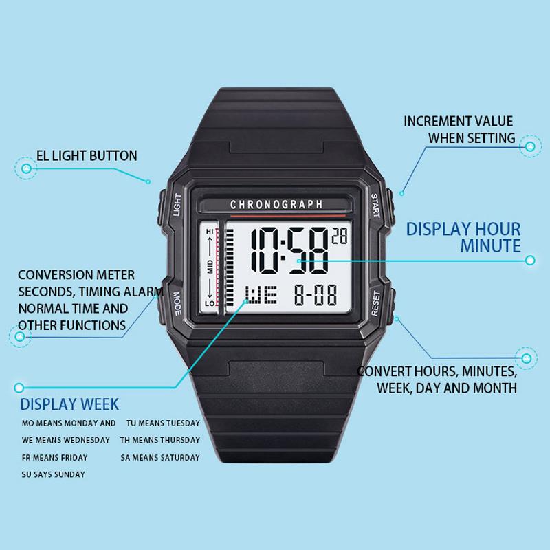 UTHAI CA07 Men's Square Electric Watch Sports Running Time 50ATM Swimming Waterproof LED Fall resistant Male Student Clock