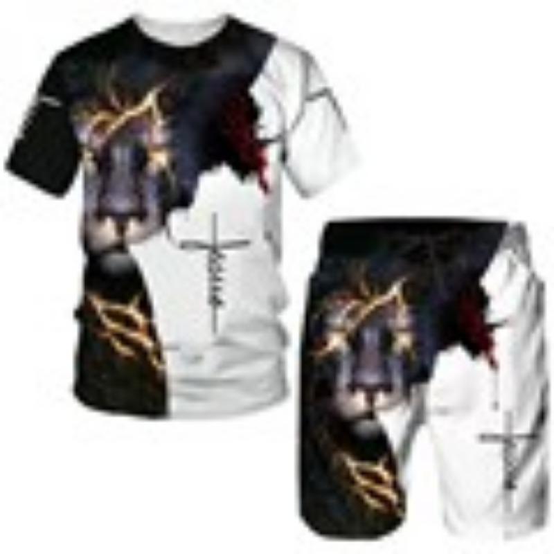 Summer New Men's Short Sleeved Shorts T-shirt Set with 3D Printed Flame Pattern Casual T-shirt Set with Fashionable Sweatshirt