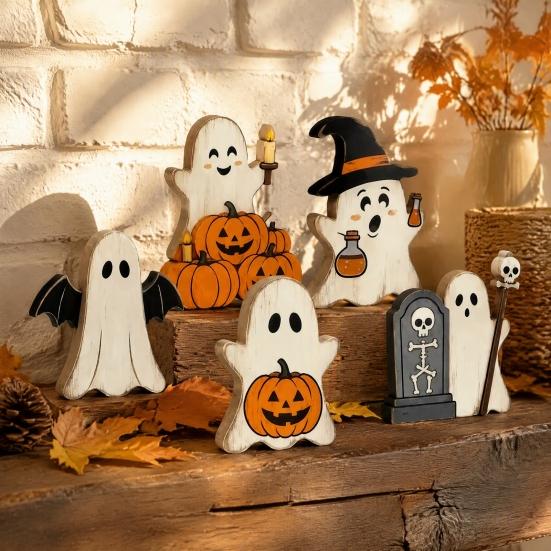 Halloween Ghost Wooden Table Decor Cute Sign, Pumpkin Tombstone Plaque Lightweight Party Supplies for Tiered Tray Decor, Spooky Festive Home Ornament