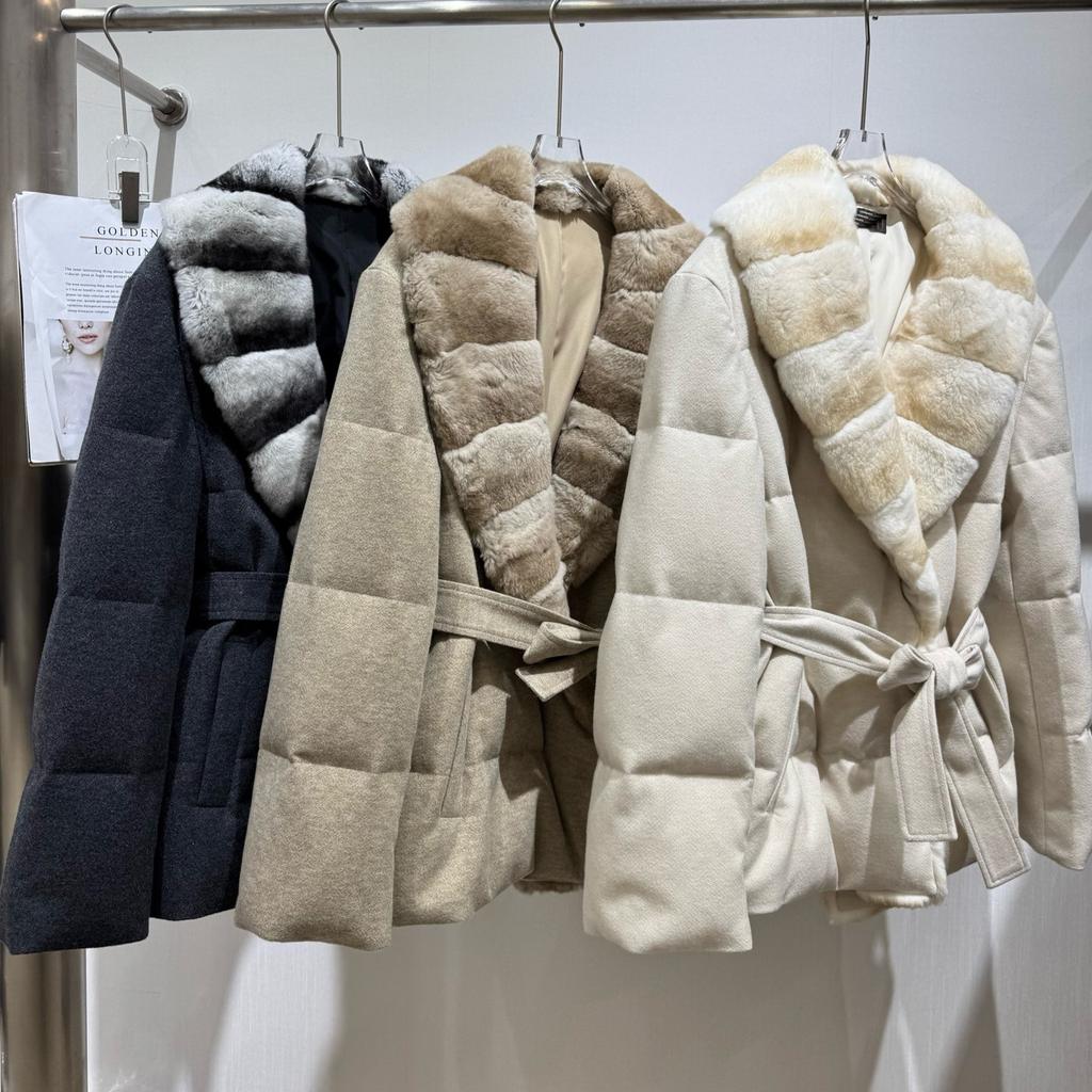 Chinchilla Pattern Color Rex Rabbit Fur Collar Down Jacket Medium and Long Women's Light Luxury High-end Goose Down Lace-up Warm Thickened Jacket