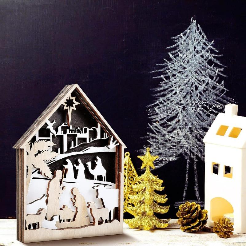 Wooden Christmas Nativity Scene Dining Table Decoration Farmhouse Holiday Layered Tray Decoration Home Decoration