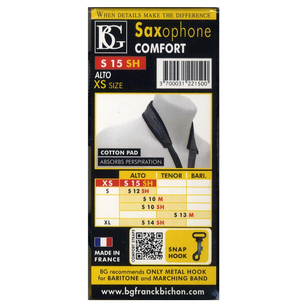 BG (BeeGee) COMFORT Strap for Alto Saxophone, Size (XS), Snap Hook, S15SH