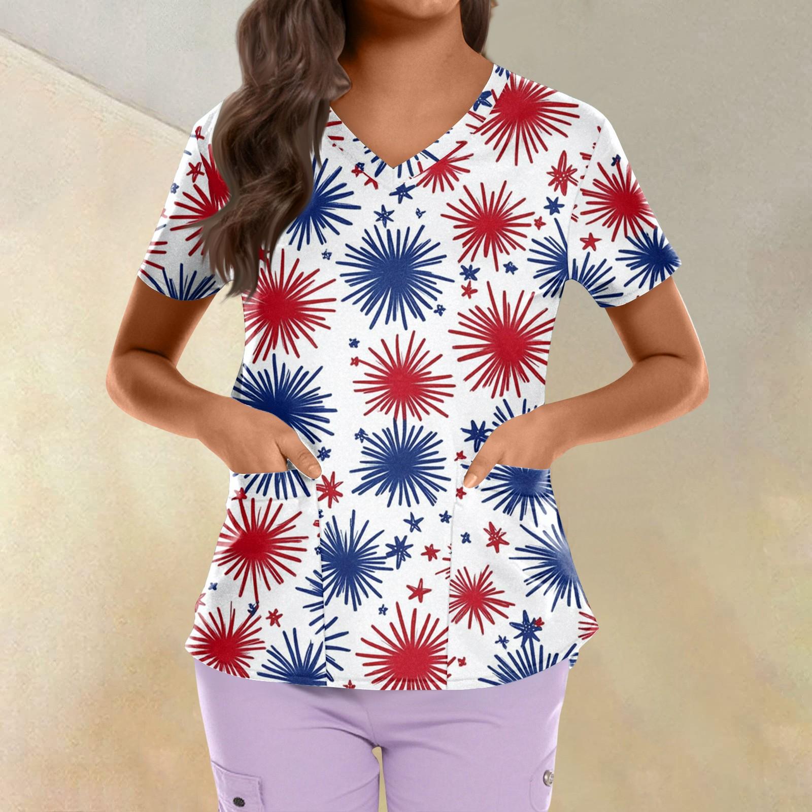 

Plus Size Printed Scrub Working Uniform Tops For Women s Cross V Neck Independence Day Print Short Sleeve Fun T-Shirts Workwear Tee With Pockets L белый