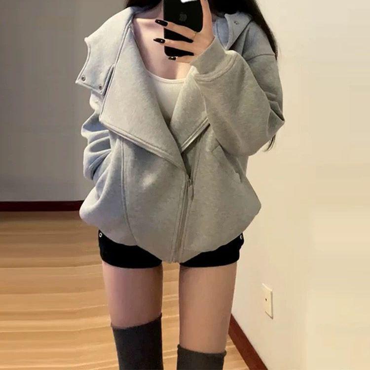 Retro Korean Style Women s Double Zipper Velvet Hoodie Jacket, Autumn/Winter Design. 3XL