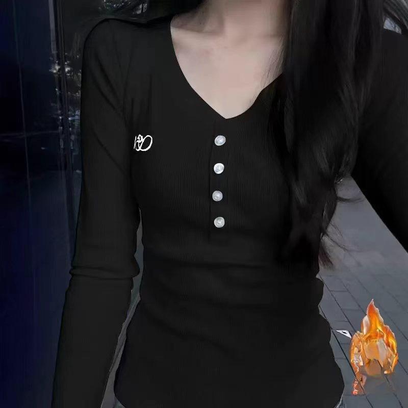 Front-button Embroidered Base Shirt for Women, New Spring-autumn Style, Long-sleeved T-shirt, Slim-fitting, V-neck Top