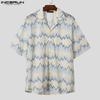 INCERUN Men Lapel Short Sleeve Striped Crochet Hollow Casual Oversized Shirts