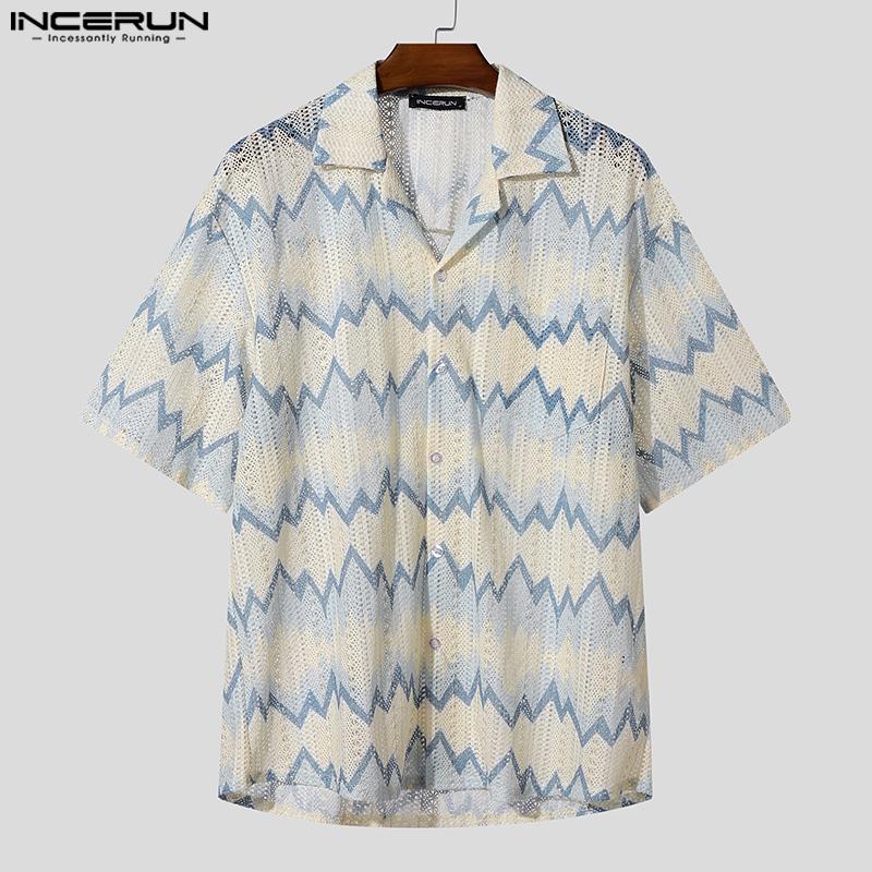 INCERUN Men Lapel Short Sleeve Striped Crochet Hollow Casual Oversized Shirts