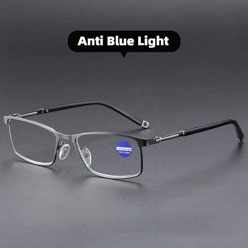 Gleitsichtbrille mit phototroper Optik, elegante Businessbrille mit quadratischem Metallrahmen und Blaulichtfilter