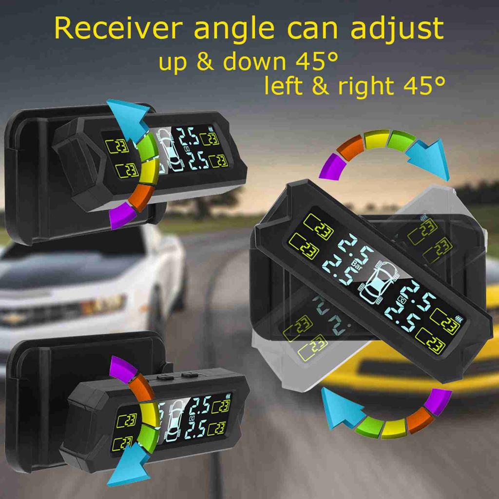 Solar-powered tire pressure monitoring system with automatic backlit LCD screen. (Automotive parts)