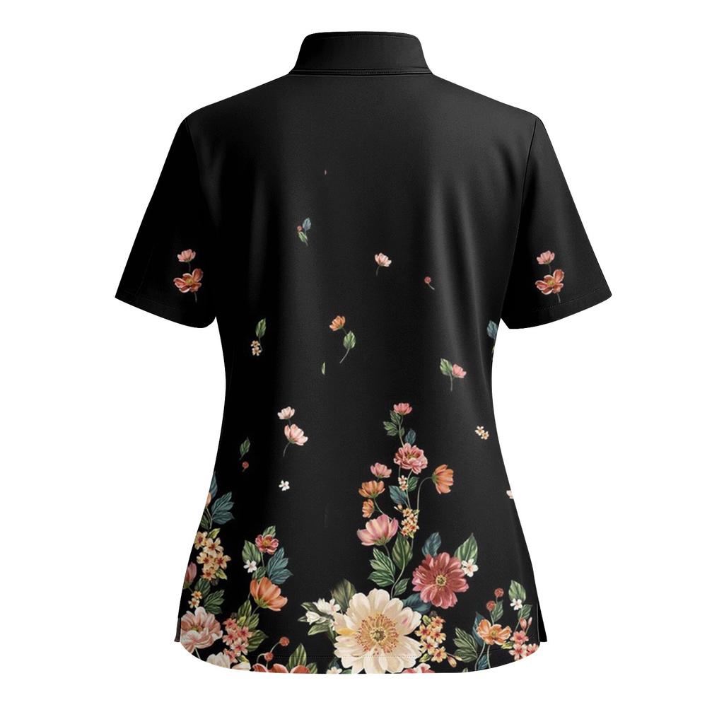 Women's Short Sleeved Printed V-neck Buttonable Side Slit Top T-shirt