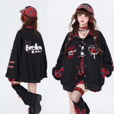 Herbst Winter Punk Harajuku Mäntel American Vintage All Match Casual Pendler Lose Jacken Kontrastfarbe Japan Print Kleidung