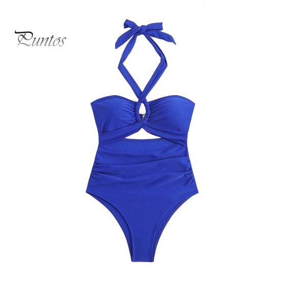 

Женский монокини с подкладкой на косточках, однотонный, слитный бикини с вырезом на шее и полым дизайном, пляжный купальник для отдыха S синий