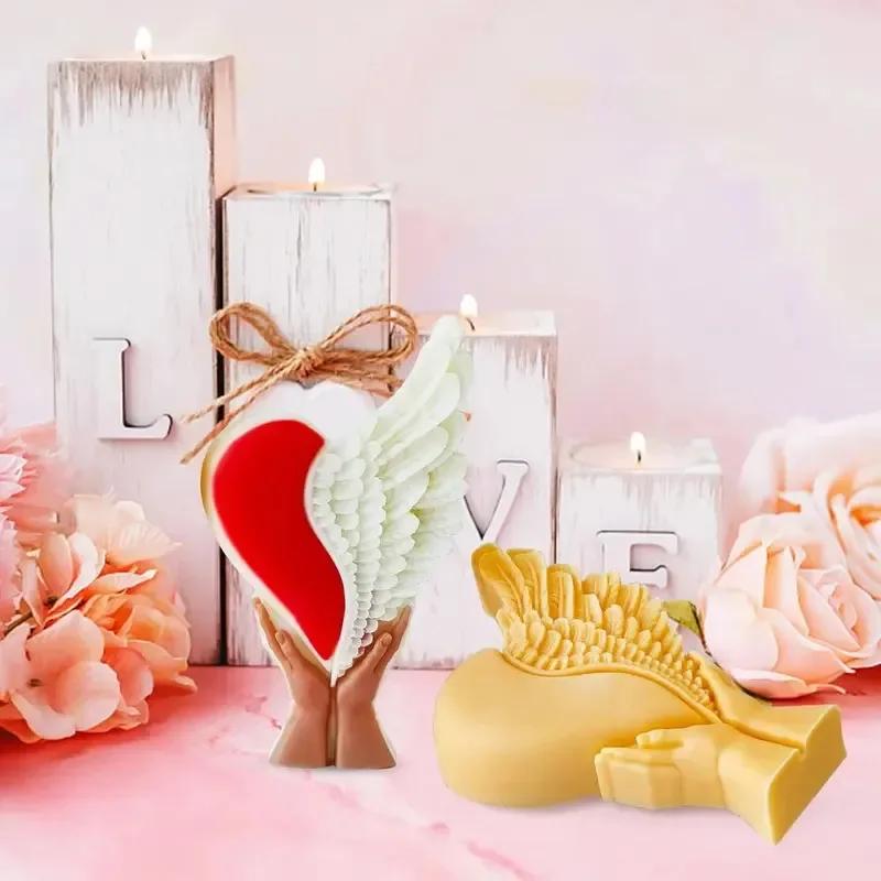 1PCS 3D Hand Holding Heart Candle Mold Angel Wings Heart Resin Casting Silicone Molds for Candle Making,for Home Decoration