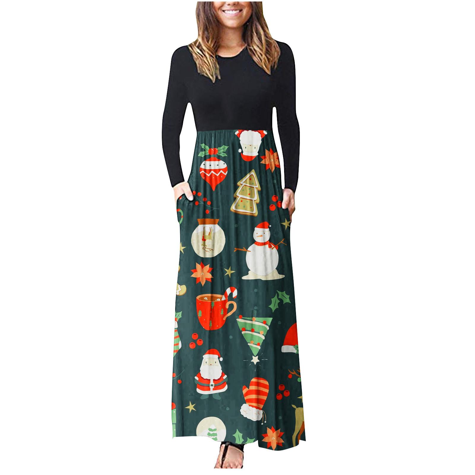 Women s Casual Long Sleeve Round Neck Christmas Print Dress XXL