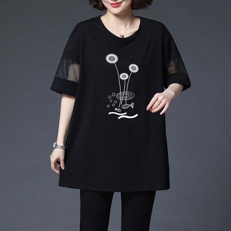 Mittleres und langes Oberteil zum Bedecken des Bauchs, kurzärmeliges Sommer-T-Shirt mit Netz-Patchwork für Mütter mittleren Alters und lockeres, großes, schmales Oberteil