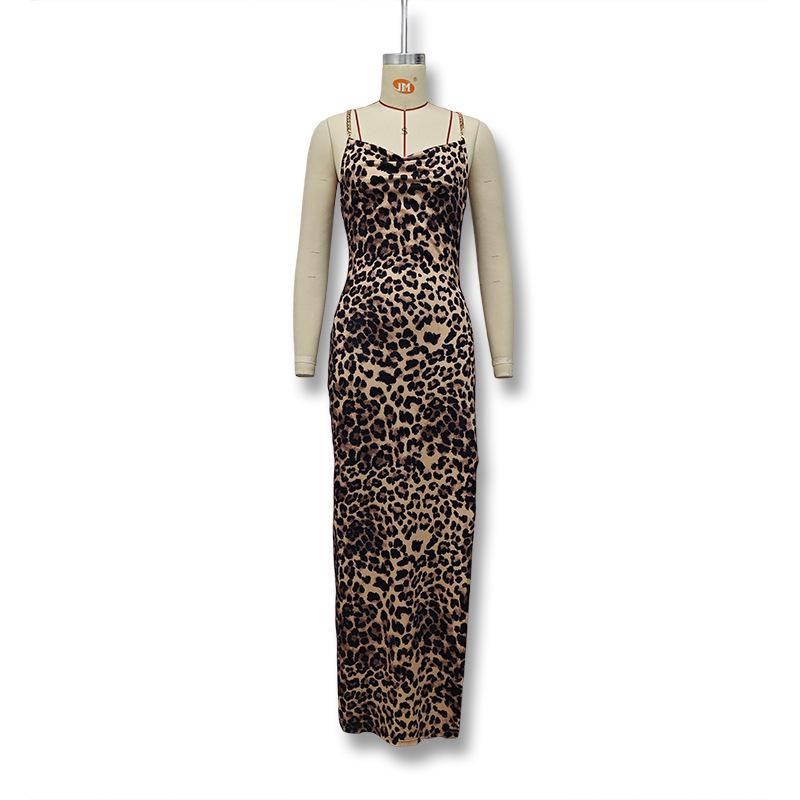 European & American Leopard Print Backless High Slit Dress