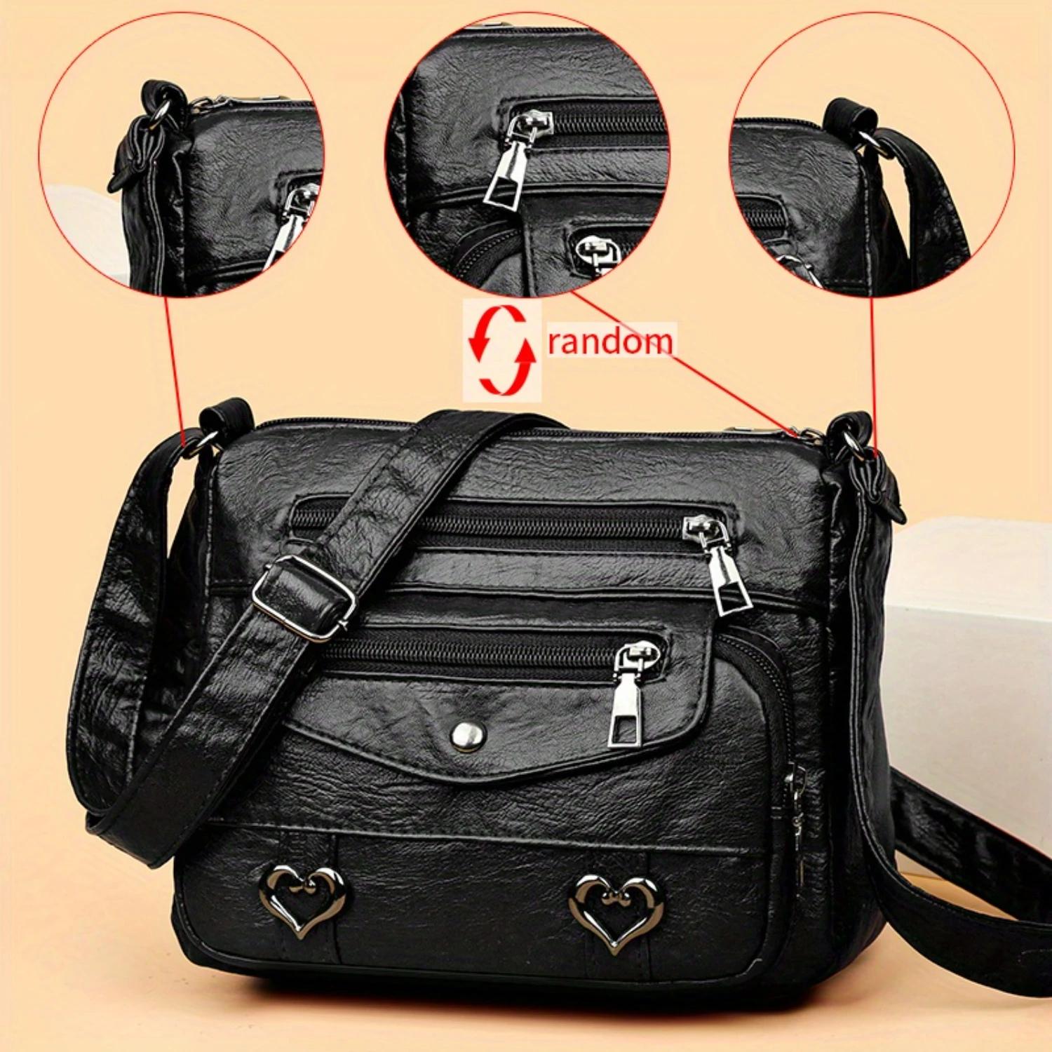 Retro Multi Pockets Crossbody Bag Faux Leather Shoulder Bag Heart Decor Purse - Women s Fashion folding bag hangingbig bags чёрный 6000₽
