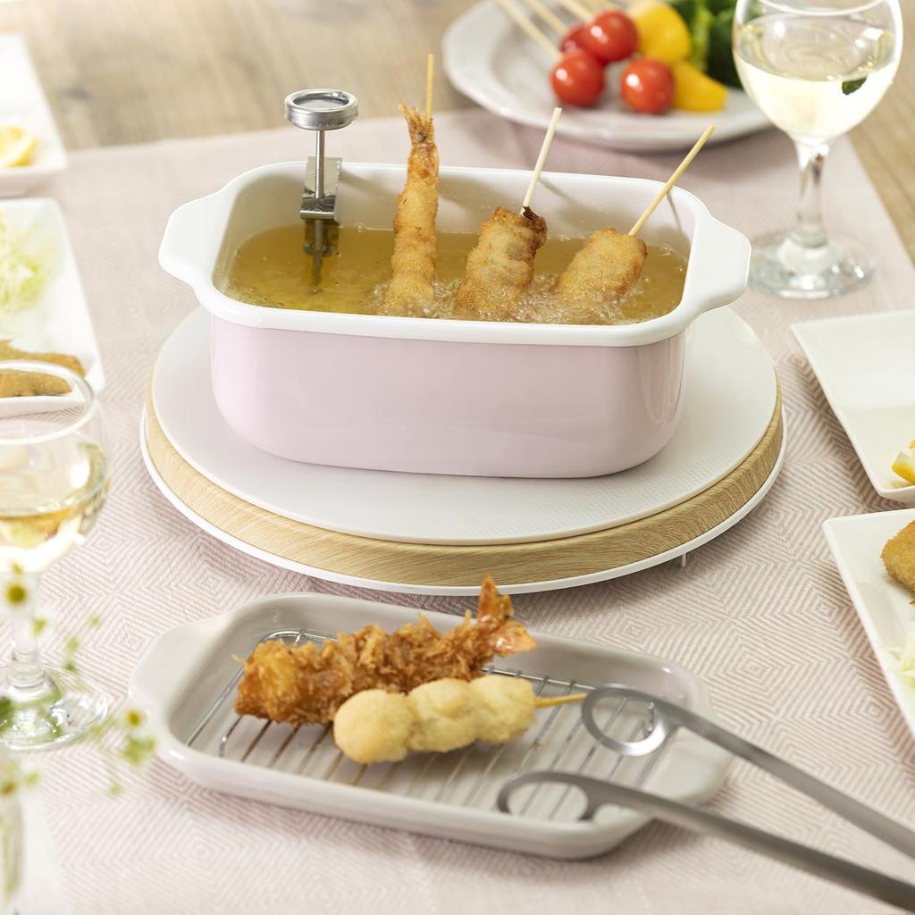 [Amazon.co.jp Exclusive] Fuji Horo Square Tempura Pot, Pink, IH Compatible, Includes Thermometer, Frying Net, and Tray, Gift Item