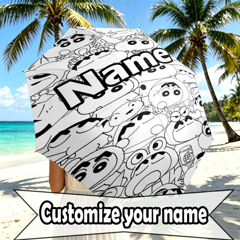 Custom Name Personalized Crayon Shin Print Umbrella, Auto Open Close, 8‑Rib Sturdy Frame, Commute Camping Hiking Use, Birthday Gift