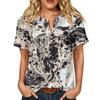 Damenmode Bedrucktes kurzärmeliges Baumwoll-Leinen-Henley-Shirt mit Knopfleiste und Brusttasche für Freizeitkleidung