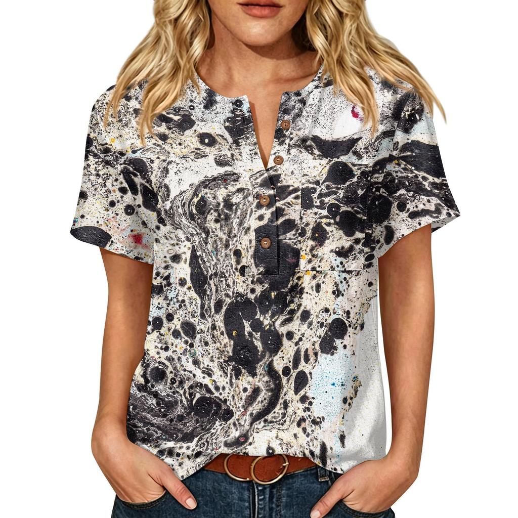 Damenmode Bedrucktes kurzärmeliges Baumwoll-Leinen-Henley-Shirt mit Knopfleiste und Brusttasche für Freizeitkleidung