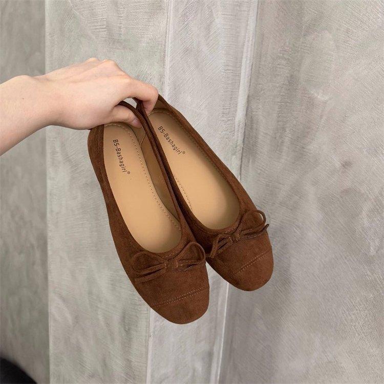 Soft leather version~ French retro round head bow light mouth single shoes women's autumn 2025 new suede ballet shoes