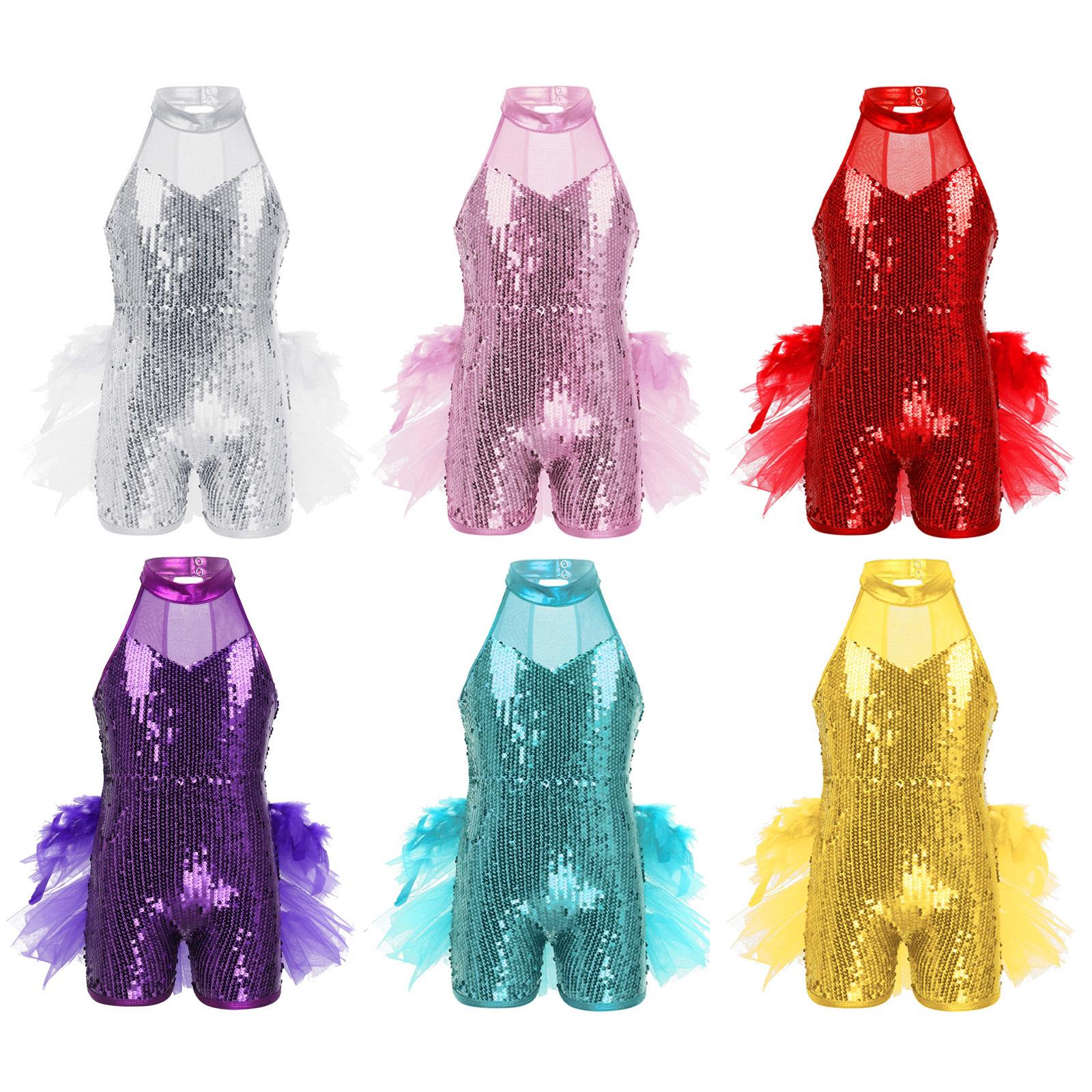 

Kids Girls Sleeveless Mock Neck Sequin Leotard Latin Jazz Ballet Dance Costume Jumpsuit Performance Outfit 15-16 Years червоний