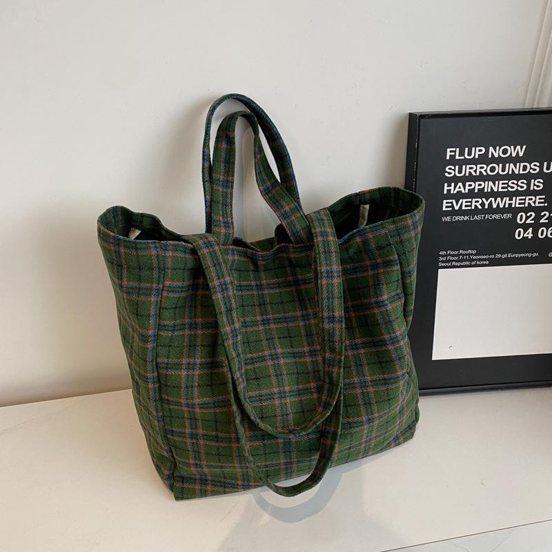 Autumn and winter retro casual plaid canvas bag fashionable and simple women's shoulder bag casual large-capacity portable commuter bag