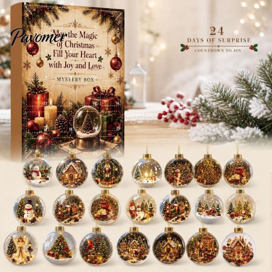 Christmas Advent Calendar Calendar, Acrylic 2D Flat Crystal Ball Pendants with Lanyard, Surprise Gifts 24 Day Tree Hanging Ornament for Home