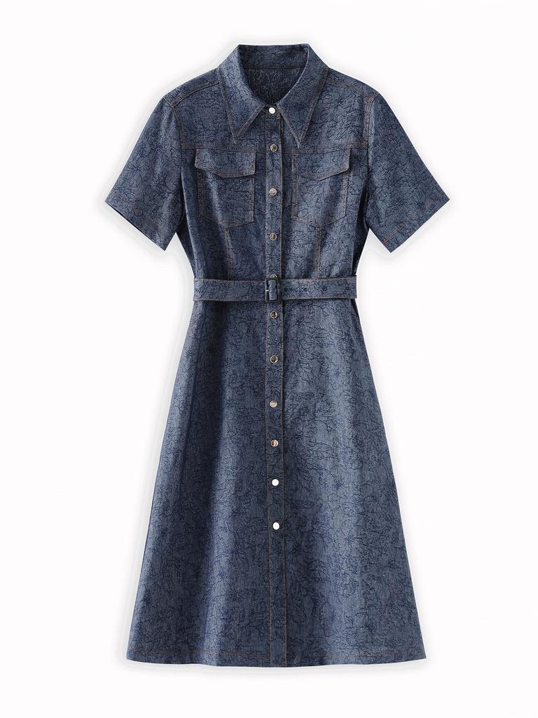 Retro Jacquard Denim Slimming Mid-Length Dress for Women - Summer Style