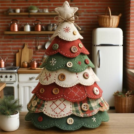 Fabric Christmas Tree Figurine Handmade Multi-layer Felt Xmas Tree Ornament with Buttons And Star Topper Holiday DIY Patchwork Craft for Home Office