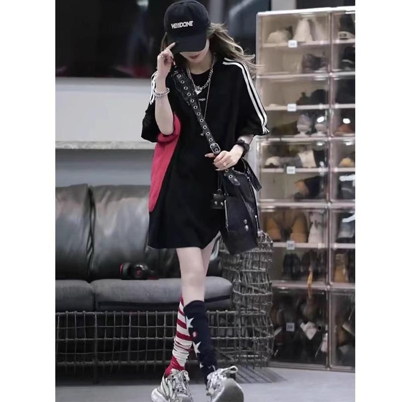 

European Style Oversized Black Short Sleeve T-shirt for Women - Summer 2025 Trendy Loose Mid-length Hip-covering Design L