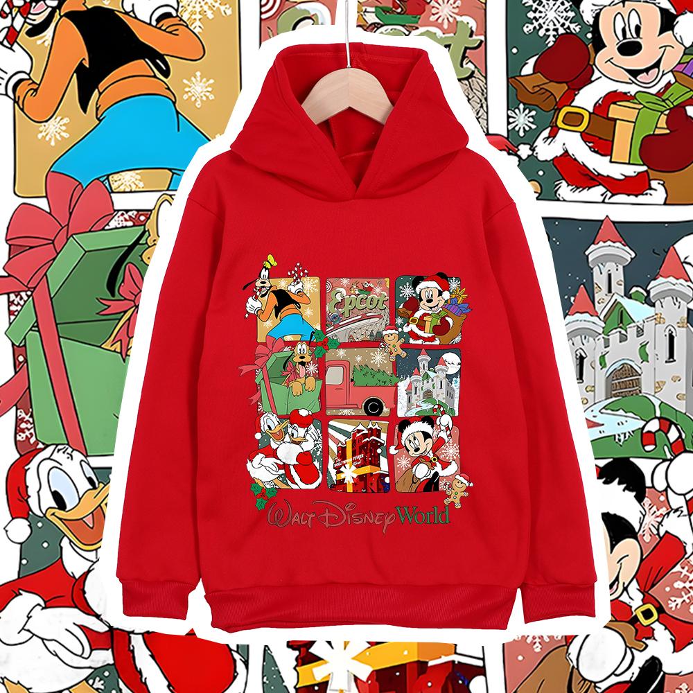 Christmas Disney World Mickey Print Kids Hooded Sweatshirt Fleece Lined Warm Winter Clothes for Boys Girls Children Outerwear