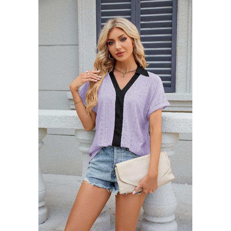 2026 Spring/Summer New V-neck Contrast Color Short Sleeve Loose T-shirt Women's Casual Top