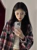 Women's Retro Black & Pink Plaid Shirt - Spring/Autumn 2024 Collection: Loose, Casual, Lazy Style, Long Sleeve Jacket Design.