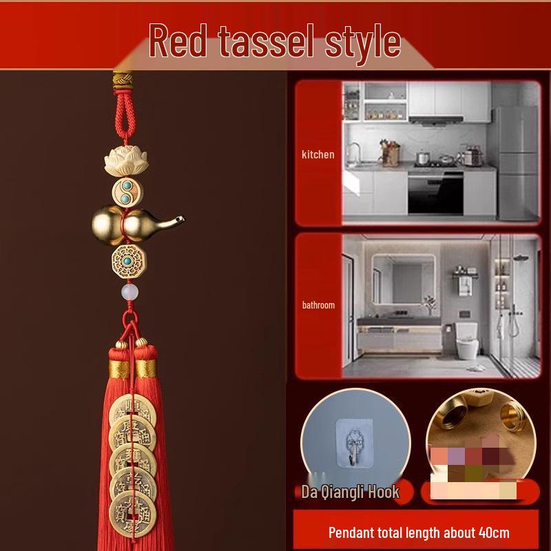 Brass Gourd Pendant with Five Emperor Coins - Boxwood Accessories for Door or Car Hanging Ornament With Hook + Sand