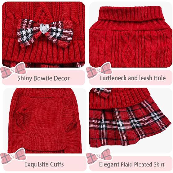 WOYYHO Small Dog Sweater Dress with Bowtie Dogs Clothes Sweater Pleated Skirt with Leash Hole Puppy Winter Outfit Dog Pullover Knitwear Puppy