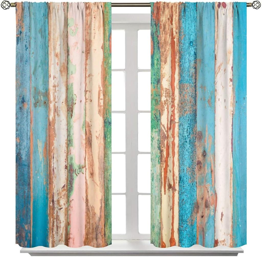 Blue Wood Planks Blackout Curtains  Rustic Cabin Retro Wooden Planks Farmhouse Print Rod Pocket Window Treatments Drapes for Bedr