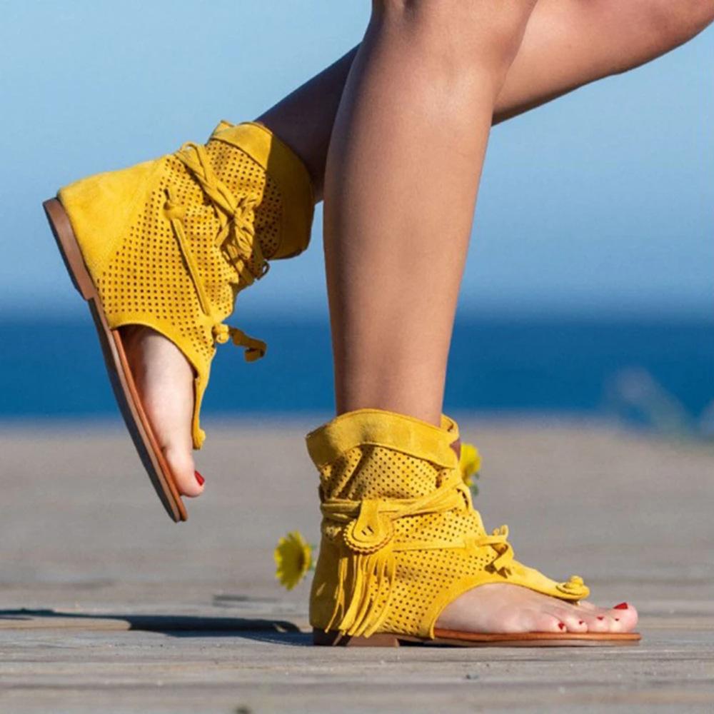 Fashion Retro Tassel Sandals For Woman Summer Boho Flat Shoes Ladies Lace Up Beach Shoes Sandalias Mujer 2024 Women's Shoes