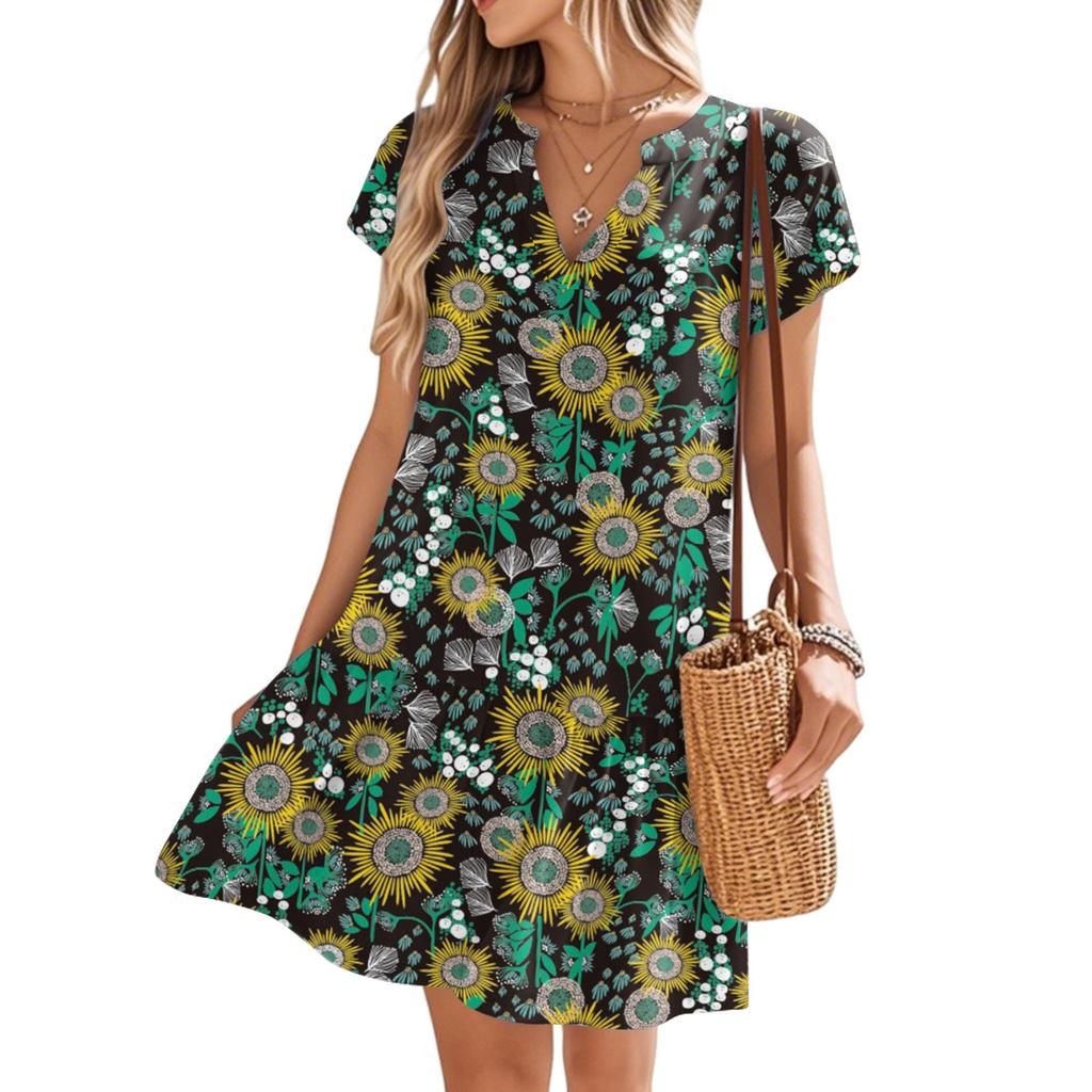 Women's Dresses Short Sleeve V-Neck Floral Printed Loose Casual Temperament Beach Dresses